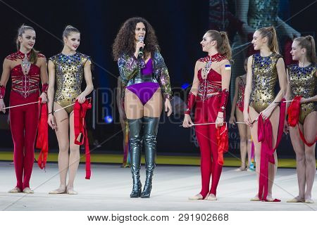 Kyiv, Ukraine - March 17, 2019:  Nk (nastya Kamenskykh) Performs With Gymnasts At Gala Concert Of De