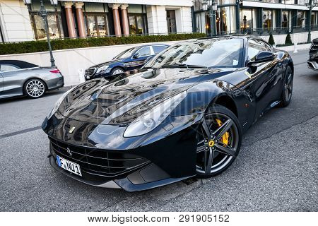 Monte-carlo, Monaco - March 12, 2019: Supercar Ferrari F12 Berlinetta In The City Street.