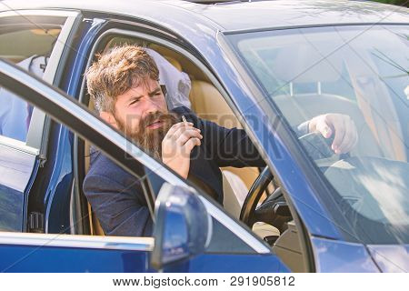 Driver Smoking Cigarette. Minute To Relax. Businessman Tired After Hard Negotiations Smoking Vehicle