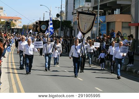 Limassol, Cyprus, March 25th, 2019: Old People Marching Along The Archbishop Makarios Iii Avenue Dur