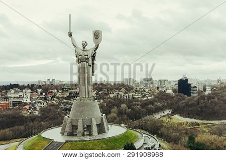 Kiev, Ukraine - March, 2019: The Famous Mother Motherland Monument Also Known As Rodina Mat On A Clo
