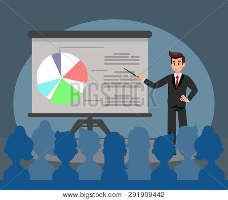 Business Presentation Flat Vector Illustration. Audience In Hall. Office Worker Near Whiteboard Cart