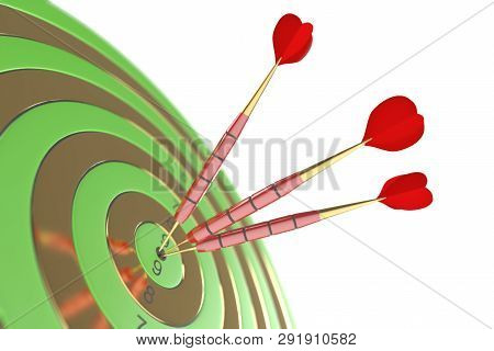 Three Red Darts Hitting The Bullseye. 3d Illustration