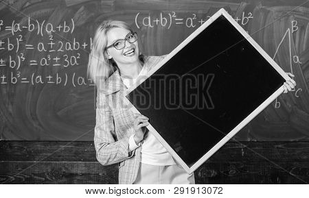Teacher Smart Smiling Woman Hold Blackboard Blank Advertisement Copy Space. School Schedule And Info