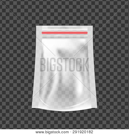 Plastic Zipper Vector. Transparent Zip Wrap. Empty Product Polyethylene Mock Up Template. Nylon Doy 