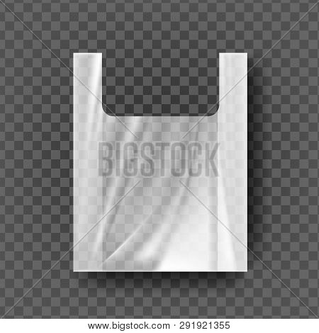 Plastic Bag With Handles Vector. Transparent Carrier Handle Wrinkled Wrap. Carry Empty Product Polye