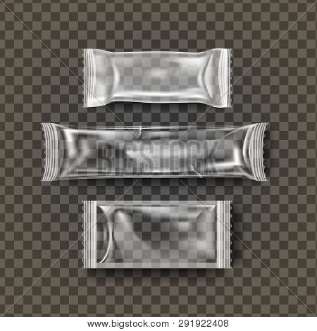Plastic Biscuit Vector. Transparent Cookie Bar Dessert Wrap. Empty Product Polyethylene Mock Up Temp