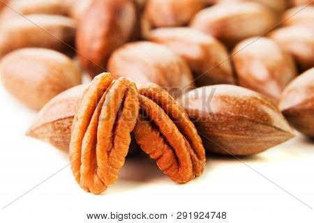 Not Cleaned Pecan Nuts In The Shell Isolated On White.