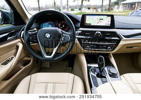 Auvergne-rhone-alpes, France - March 14, 2019: Interior Of The Luxury Motor Car Bmw 520d (g30).