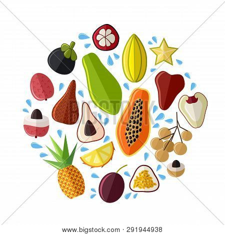 Vector Set Of Fresh Juicy Exotic Tropic Asian Fruits In Flat Style. Collection Of Papaya, Pineapple,