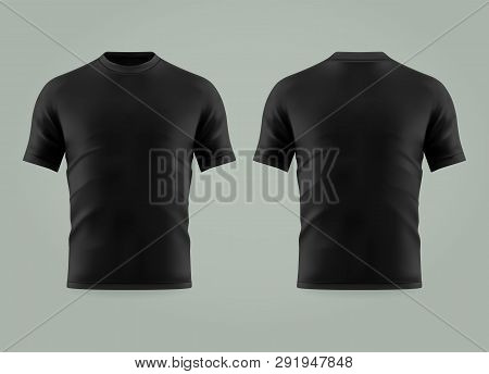 Set Of Isolated Black T-shirt Or 3d Cloth With Short Sleeve And U Neck. Realistic Empty Cotton T Shi