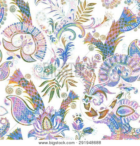 Jacobean Seamless Pattern. Flowers Background, Ethnic Style. Stylized Climbing Flowers. Decorative O