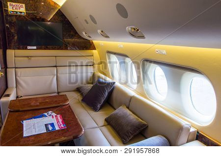 Zhukovskiy, Russia - August 28, 2015: Luxury Interior Of Genuine Leather In The Modern Business Jet,