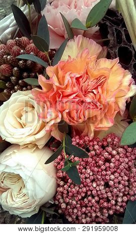 Spring Bouquet Of Mixed Colorful Flowers. Flowers Bouquet Including Ozothamnus, Rose Menta , White R