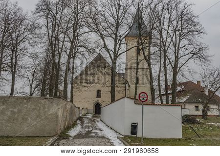 Lomnice Nad Luznici Old Town With Church In Cold Dark Winter Day