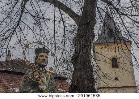 Lomnice Nad Luznici Old Town With Church In Cold Dark Winter Day