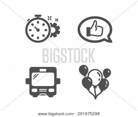 Set Of Feedback, Bus And Cogwheel Timer Icons. Balloons Sign. Speech Bubble, Tourism Transport, Engi