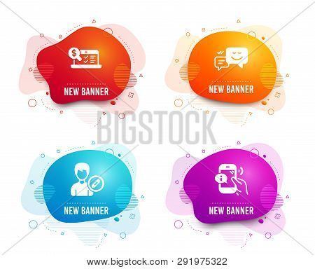 Liquid Badges. Set Of Happy Emotion, Edit Person And Online Accounting Icons. Call Center Sign. Web 