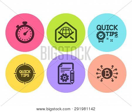 Timer, Web Mail And Tips Icons Simple Set. Documentation, Quick Tips And Bitcoin System Signs. Stopw