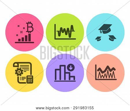 Throw Hats, Decreasing Graph And Stock Analysis Icons Simple Set. Bitcoin Graph, Settings Blueprint 