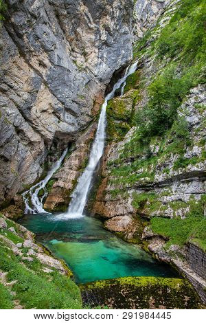 Famous Savica Waterfall In Julian Alps, Slovenia