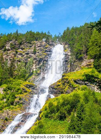 Stuiben Waterfall, Or Stuibenfall, Is The Highest Waterfall In Tyrol, Austria. View From Below