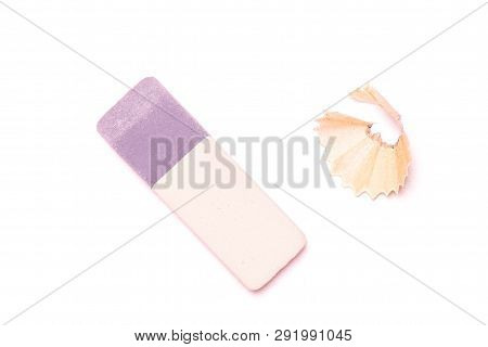 One Piece Of Yellow Pencil Fan-shaped Shaving With An Eraser Flatlay On White Background