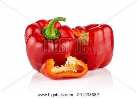 Group Of Two Whole One Slice Of Bulgarian Red Bell Pepper Isolated On White Background