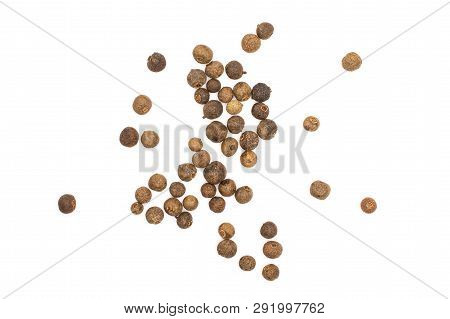 Lot Of Whole Dry Brown Allspice Berries Flatlay Isolated On White Background