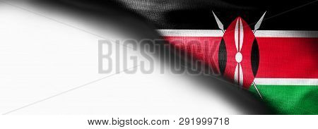 Kenya Flag Pattern On The Fabric Texture On White Background - Right Top Corner Flag