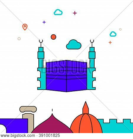 Kaaba, Mecca Filled Line Vector Icon, Simple Illustration, World Landmarks Related Bottom Border.