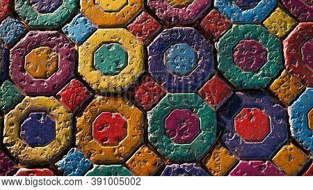 Bright Paving Slabs Hexagon, Rhombus Multicolored Vintage. Top View Of The Road From Stone Paving Sl