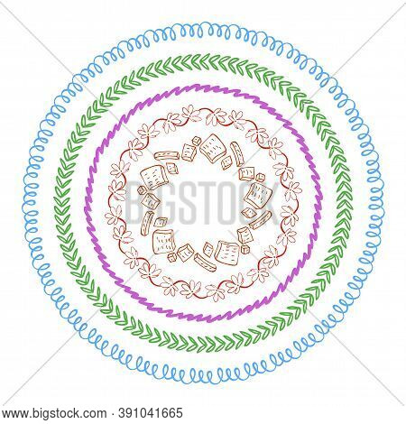 Vector Set Of Hand Drawn Round Frames. Vector Isolated Illustration. Brushes With Corner Tiles And E