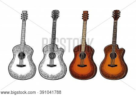 Acoustic Guitar. Vintage Vector Color Engraving Illustration