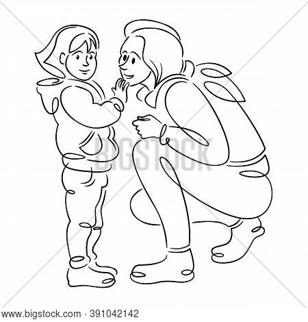Young Woman Mother With A Baby In Her Arms, Hugs And Motherhood.continuous Single Line.flat Sketch L