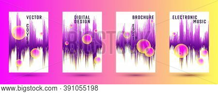 Music Banners Set With Dj Equalizer Background.  Abstract Audio Record Amplitude.  Distorted Sound W