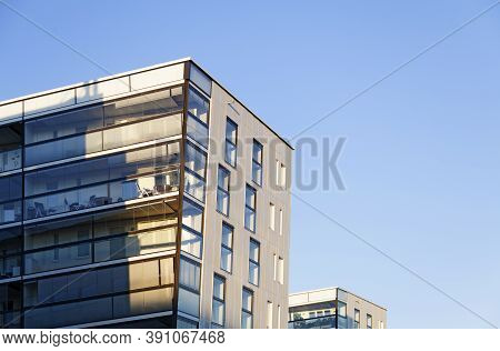 Uppsala, Sweden - June 21, 2019: Modern House Leaning Out Onto The Street