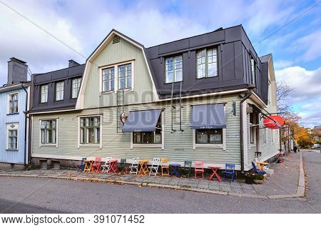 Helsinki, Finland - October 16, 2020: The Old Wooden Neighborhood Puu Vallila. Autumn Cityscape.