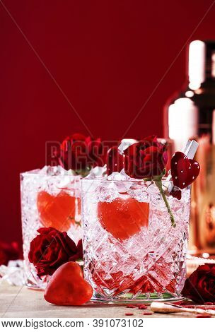 Roses Julep Valentine's Day Cocktail With Red Roses And Hearts On A Festive Background