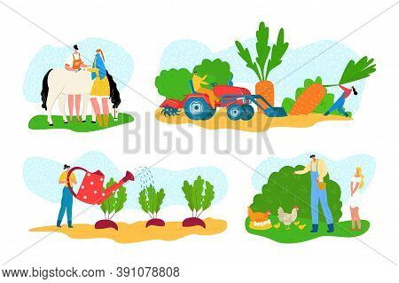 Farm Set With Animal, Cartoon Agriculture Farming Vector Illustration. Cartoon Farmer Man Woman Peop