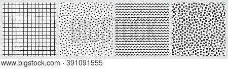 Crossed lines, squared paper, confetti, waves and minimalistic florals black and white seamless patterns. Hand drawn shapes, modern Scandinavian style backgrounds.