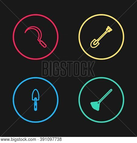 Set Line Garden Trowel Spade Or Shovel, Rake For Leaves, And Sickle Icon. Vector