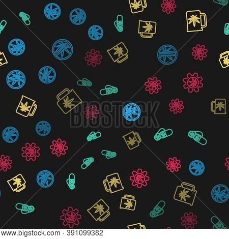 Set Line Stop Marijuana, Medical Pills With, Cup Tea And Test Tube On Seamless Pattern. Vector