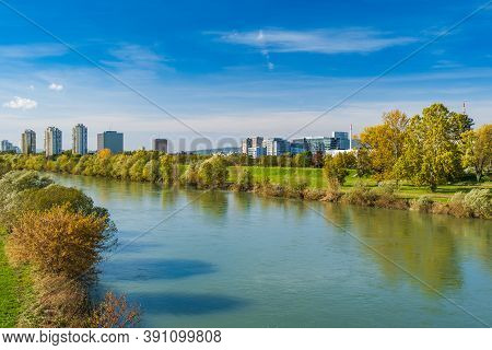 Croatia, City Of Zagreb, Sava River And Modern Towers Skyline In Autumn