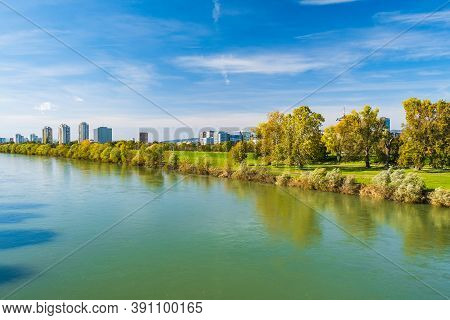 Croatia, City Of Zagreb, Sava River And Modern Towers Skyline In Autumn