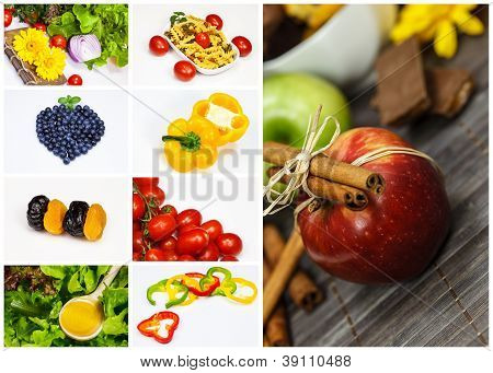 Colagem com diferentes frutas e legumes.