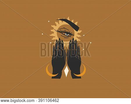 Hand Drawn Vector Abstract Stock Flat Graphic Illustration With Logo Elements , Sun In Human Hand , 