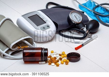 Different Medical Objects On White Background. Health Care.