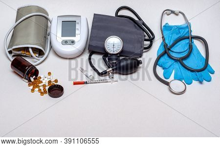 Different Medical Objects On White Background. Health Care. Top View.