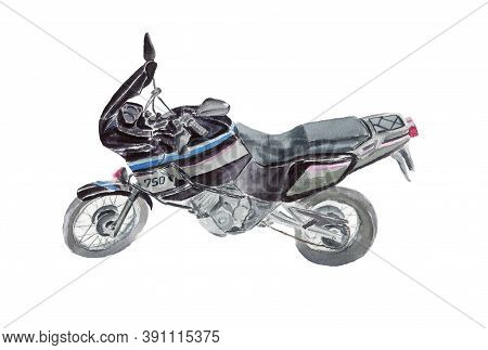 Black Motorcycle Side View In Watercolor Technique